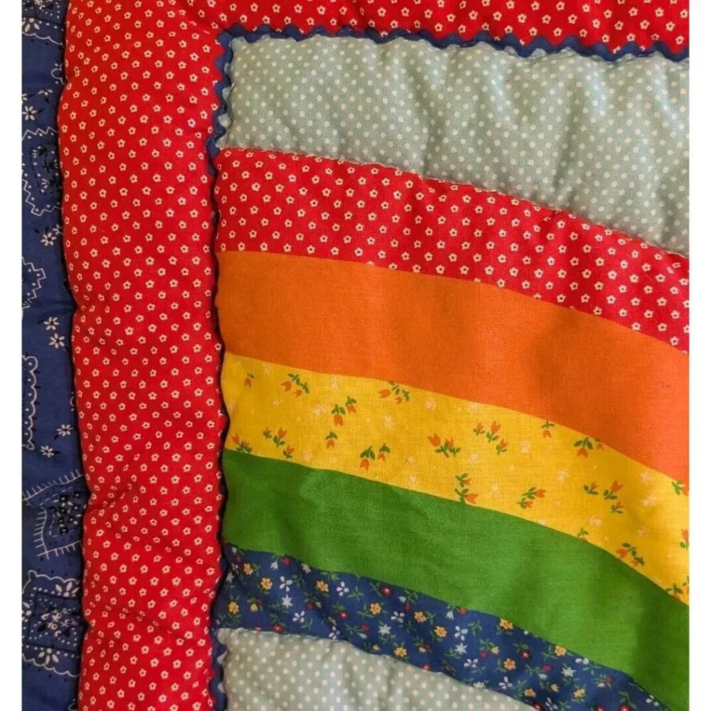 80s Wall Hanging Baby Quilt Rainbow Painter Artist Boy Primary Colors Decor Vtg